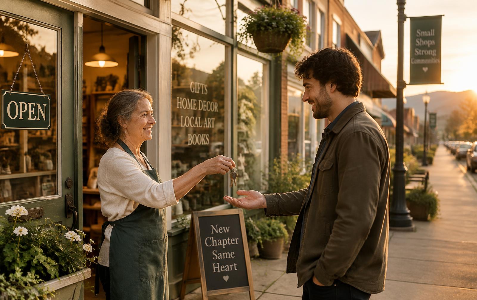 Shop owner handing keys to a new owner